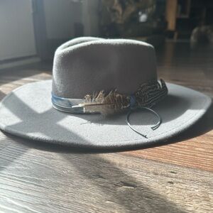 Gray Wide Brim Hat with Feather Accent